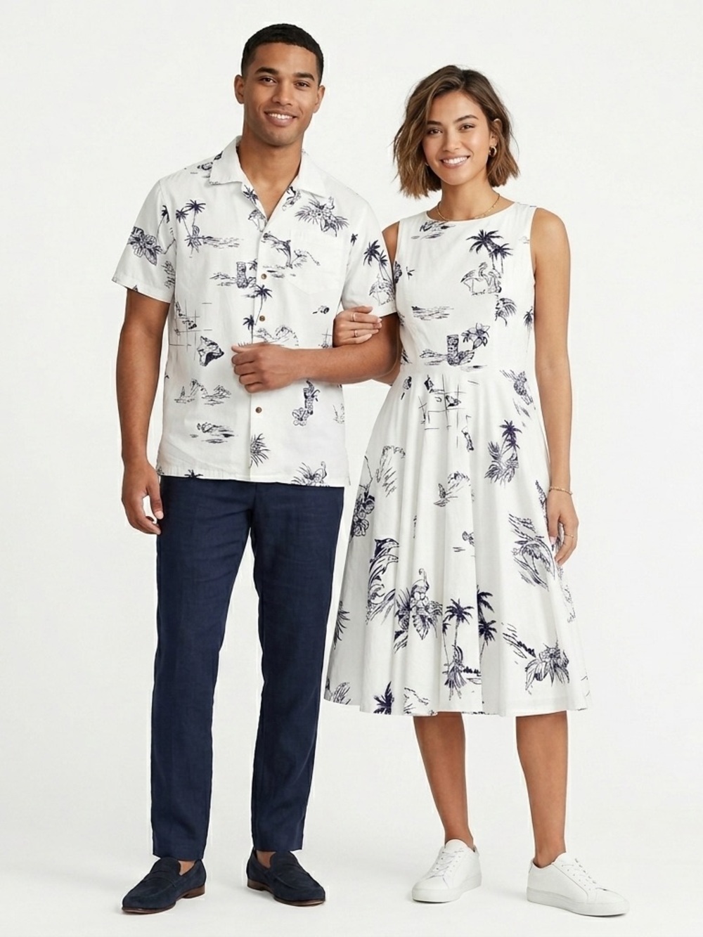 Hawaii Hangover Couples Set Luau Shirt Dress Tropical Print White Navy S